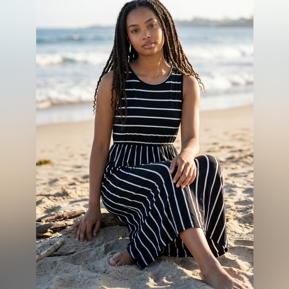 Sleeveless Black & White Striped Maxi Dress - Picture 11 of 11